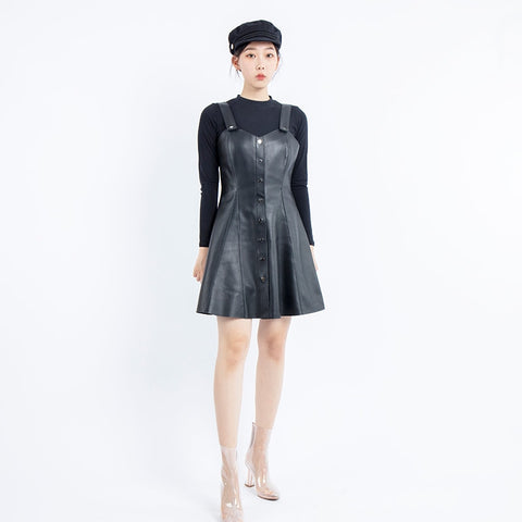 Balck Genuine Leather Women Dress