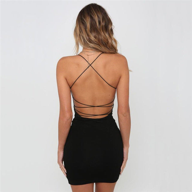 Women Solid Color Backless Spaghetti Straps Dress