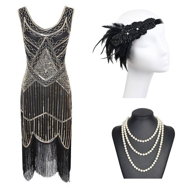 1920s Gatsby Sequin Fringed Paisley Flapper Dress