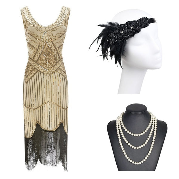 1920s Gatsby Sequin Fringed Paisley Flapper Dress