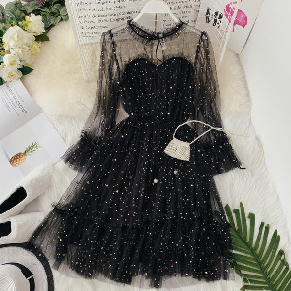 Spring Sequins Flare Sleeve Lace-Up Dress