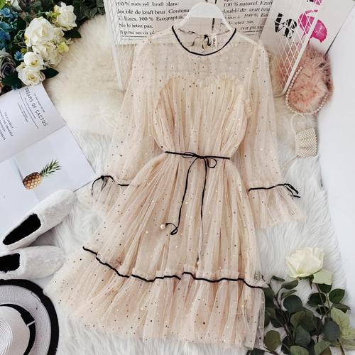 Spring Sequins Flare Sleeve Lace-Up Dress