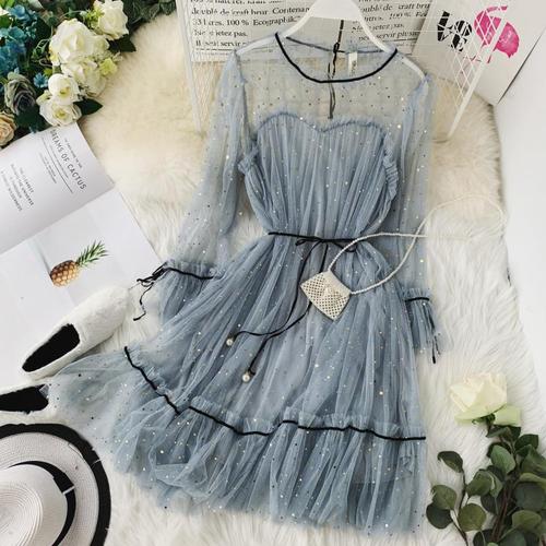 Spring Sequins Flare Sleeve Lace-Up Dress