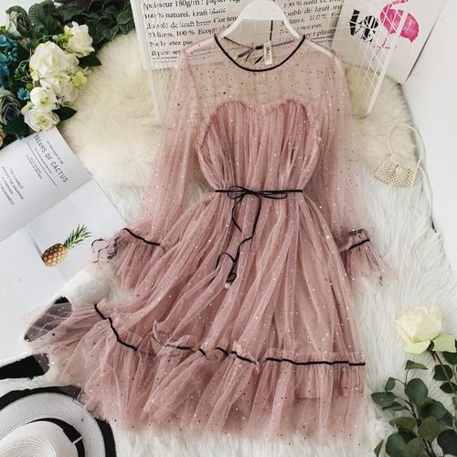 Spring Sequins Flare Sleeve Lace-Up Dress