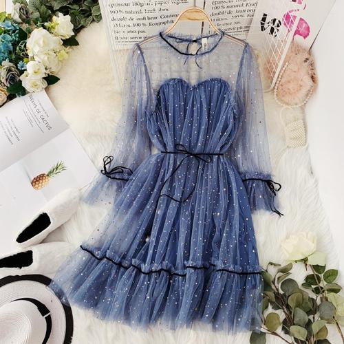 Spring Sequins Flare Sleeve Lace-Up Dress
