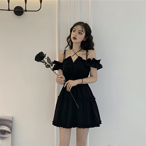 Gothic Dress Women Pleated Black