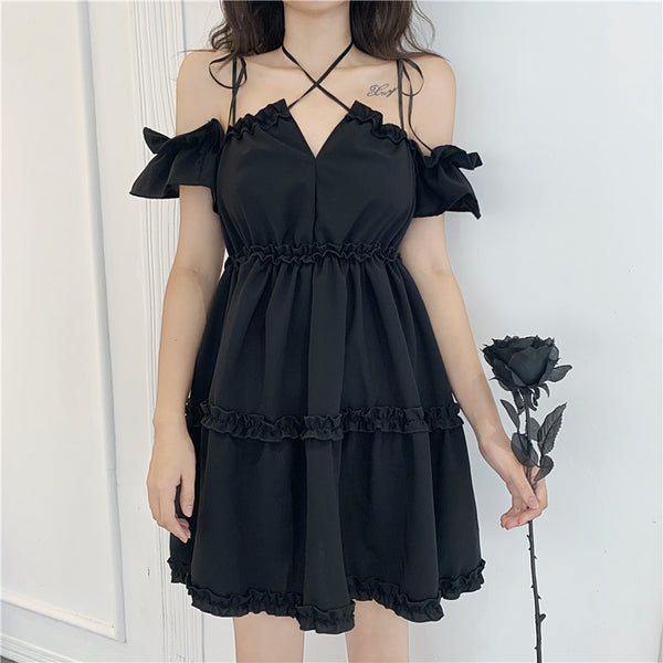 Gothic Dress Women Pleated Black