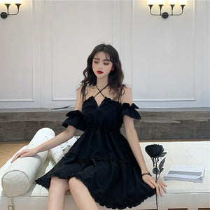 Gothic Dress Women Pleated Black