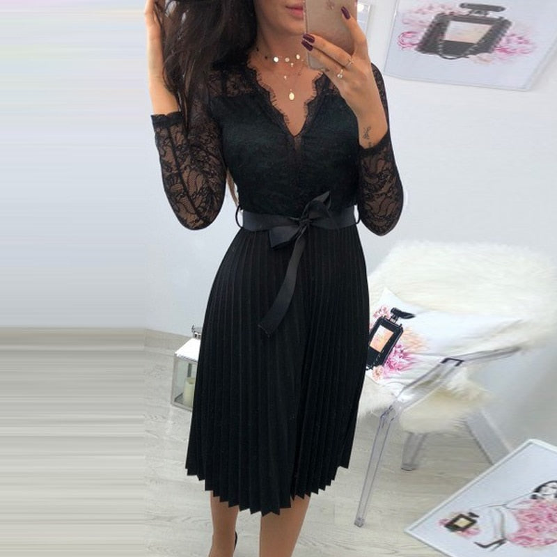 Women Lace Pleated Long Sleeve Dress