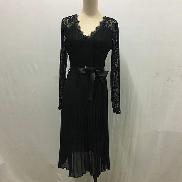 Women Lace Pleated Long Sleeve Dress