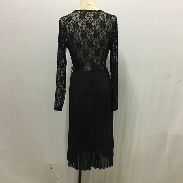 Women Lace Pleated Long Sleeve Dress