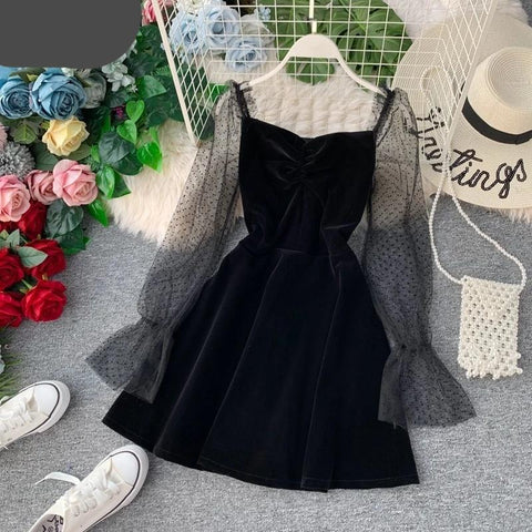 Autumn Pleuche Party Dress Puff Sleeve Mesh