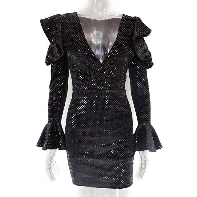 Black Sequins Ruffles Sleeve Mini Dress