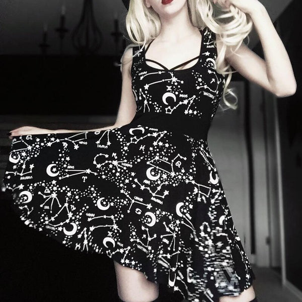 Women Gothic Style Punk Print Sleeveless Dress