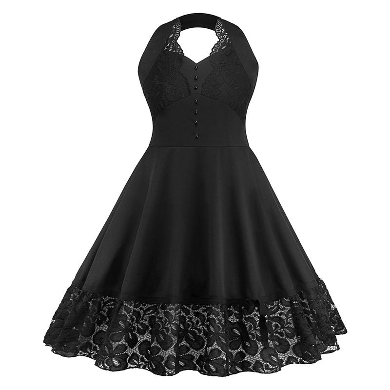 Hepburn Style Vintage Dress Lace Piecing