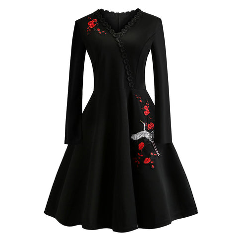 Floral Black Women Vintage Dress