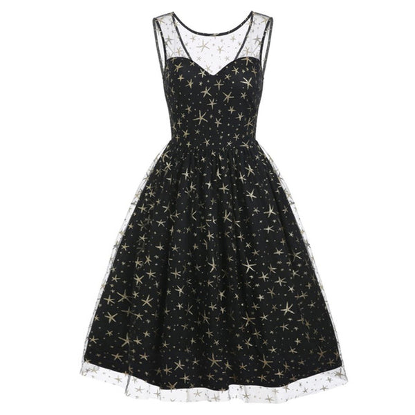 Vintage Gold Star Print Mesh Dress