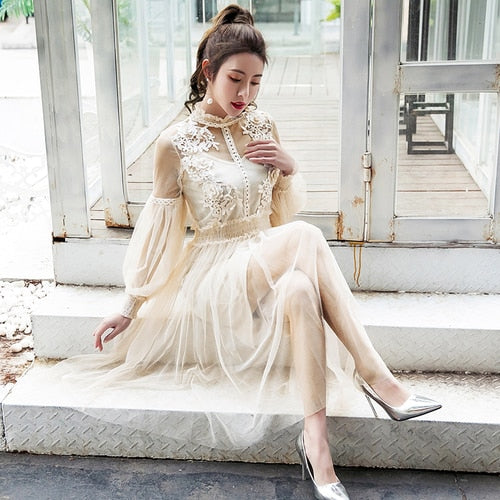 Stand Collar Lantern Sleeve Mesh Dress