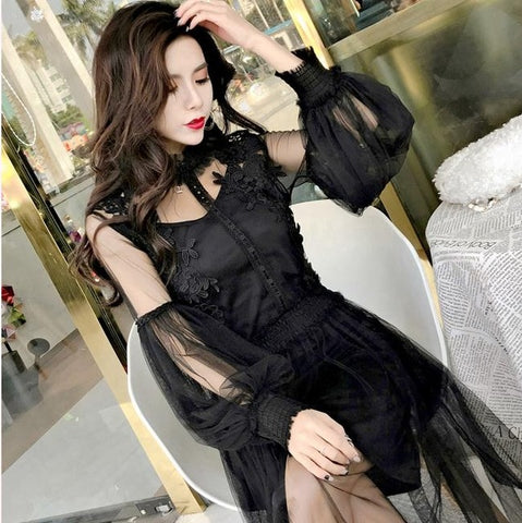 Stand Collar Lantern Sleeve Mesh Dress