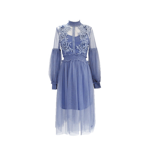 Stand Collar Lantern Sleeve Mesh Dress
