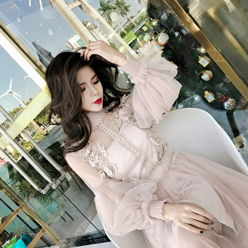 Stand Collar Lantern Sleeve Mesh Dress